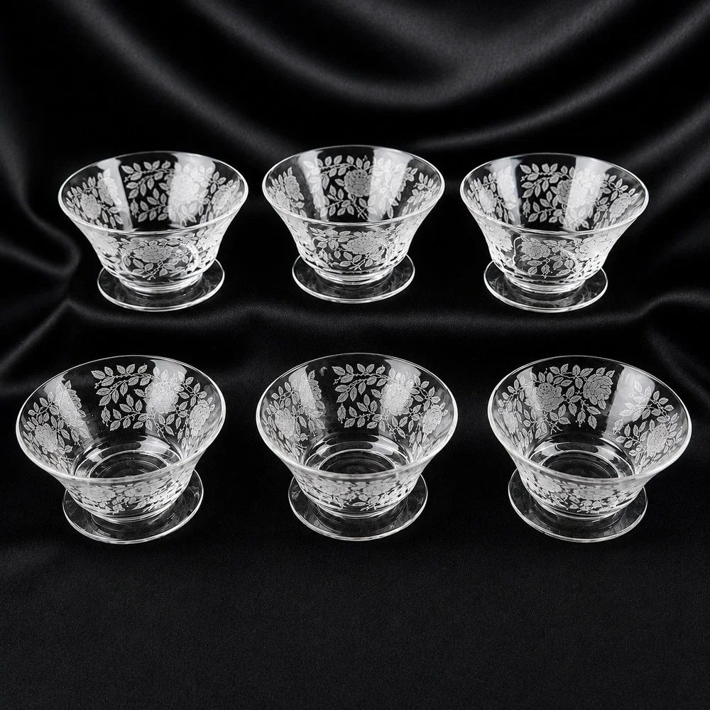 Tiffin Franciscan Roses Etched Glass Berry Dessert bowls Set of 6 Etched Footed